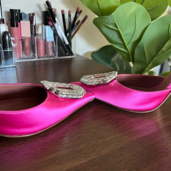 Amina Muaddi Pink Satin Camelia Sling 105 - Picture 7 of 9